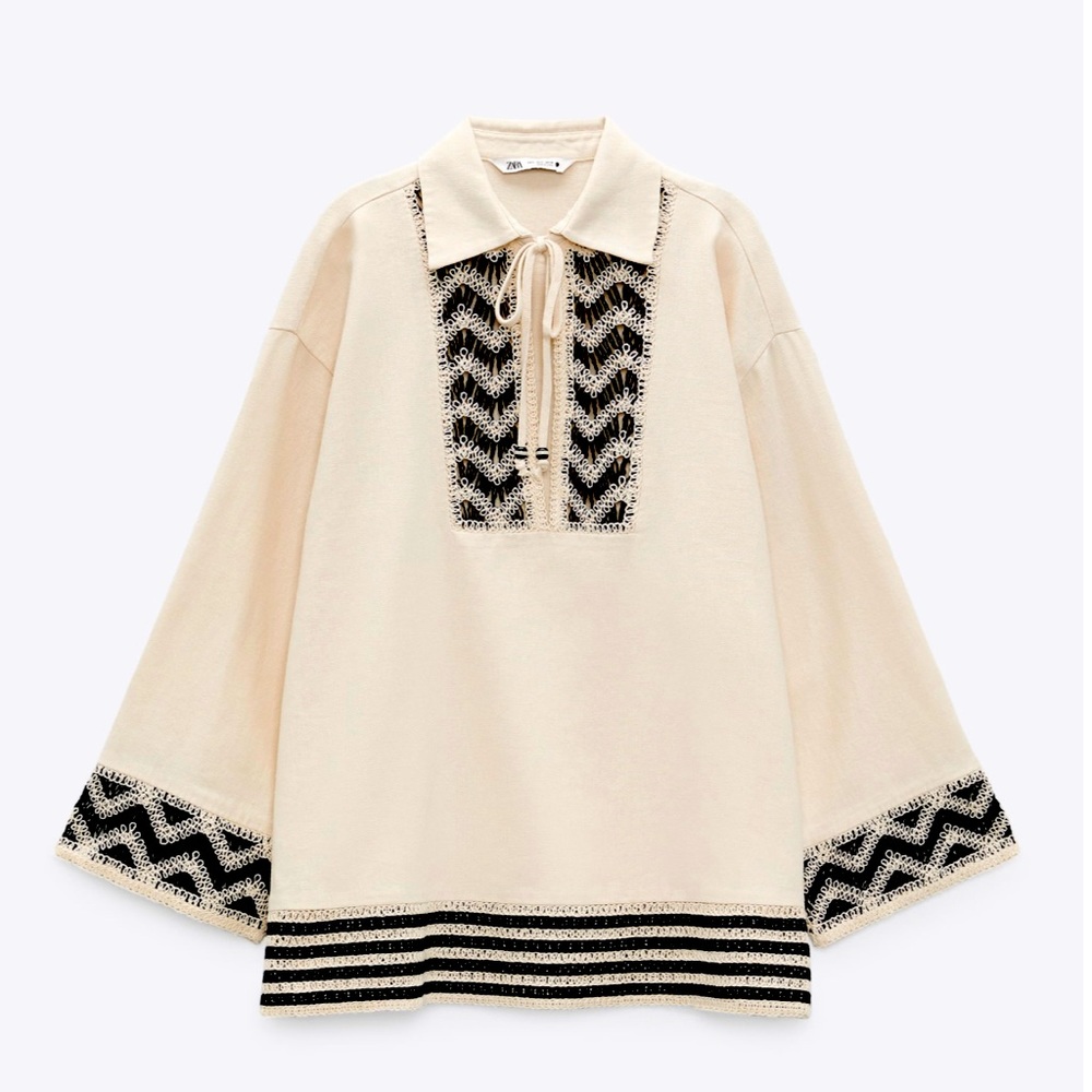 Zara Linen Blend Crochet Blouse Beige Size M NWT